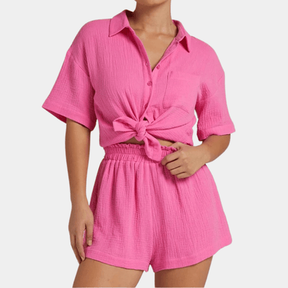 Two-piece ladies summer set with shirt and shorts – Noemi-Pink-XS-The Livary