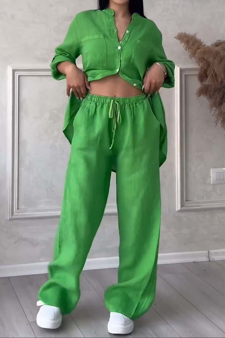 Two-Piece Linen Ladies' Summer Set – Alina-Green-S-State of Style