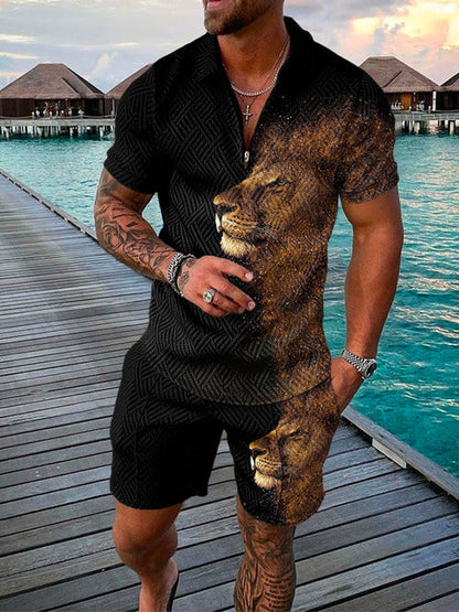 Two-piece Men's Summer Set with Polo and Shorts – Damon-Black/Brown-S-State of Style