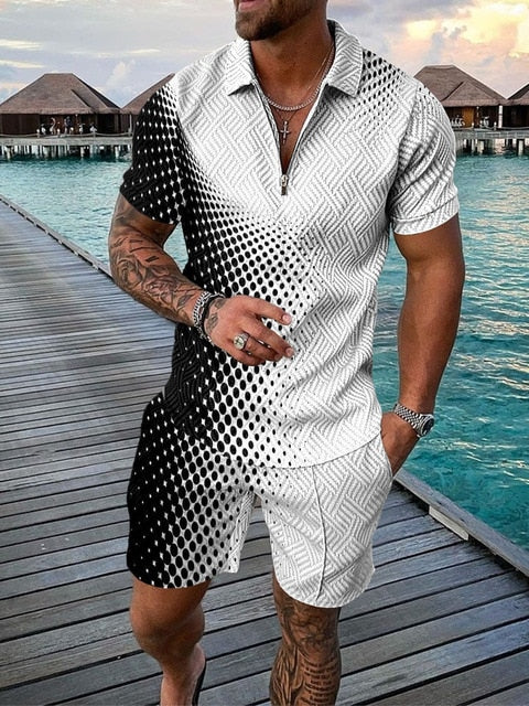 Two-piece Men's Summer Set with Polo and Shorts – Damon-White/Black-S-State of Style