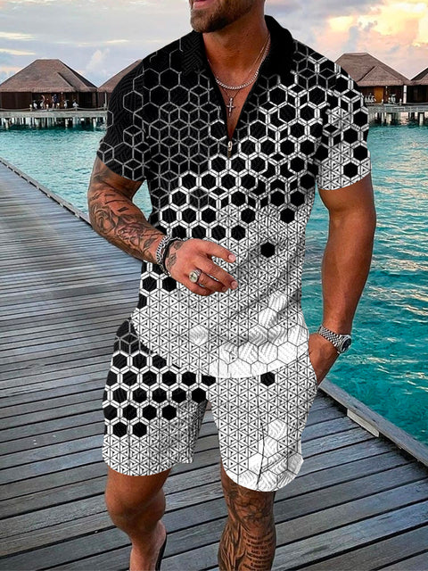 Two-piece Men's Summer Set with Polo and Shorts – Damon-White/Pink-S-State of Style