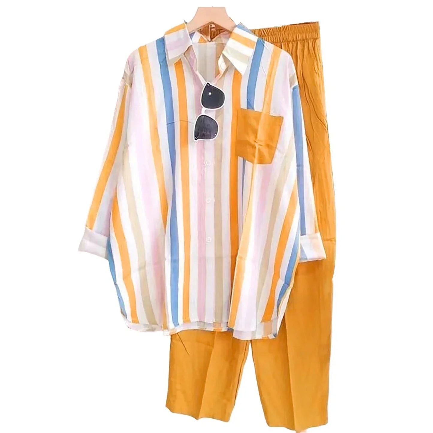 Two-piece summer set made of linen Loose shirt & Wide trousers - Zayenne-Yellow-S-Nora Luxe