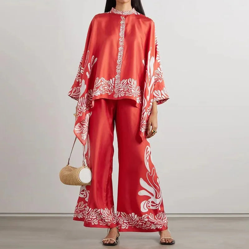 Two-piece Women's Linen Streetwear Set with Ethno Print – Samira-Red-S-Nora Luxe