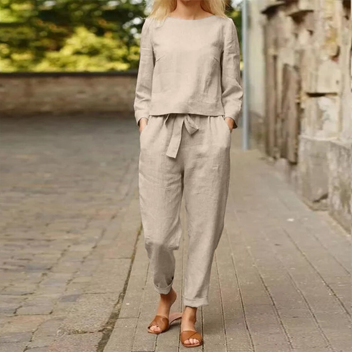 Two-piece women's outfit with round neck t-shirt & trousers with elastic waistband – Nia-Beige-S-Nora Luxe