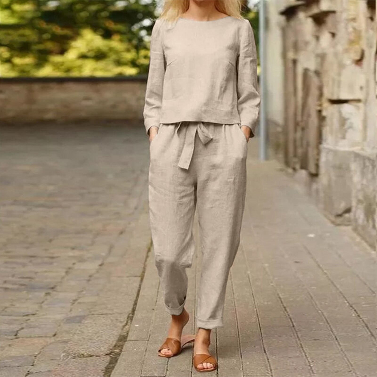 Two-piece women's outfit with round neck t-shirt & trousers with elastic waistband – Nia-Beige-S-Nora Luxe