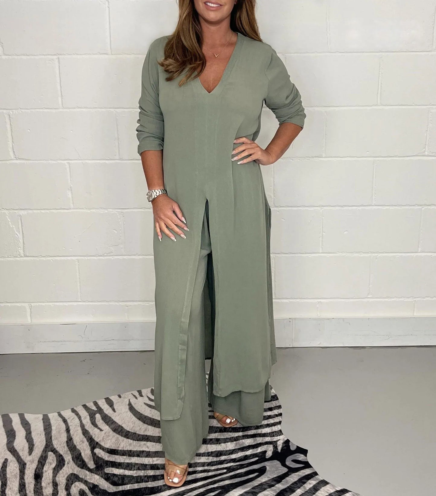 Two-piece women's set with wide trousers – Trendy & Airy – Cosima-Green-S-Nora Luxe
