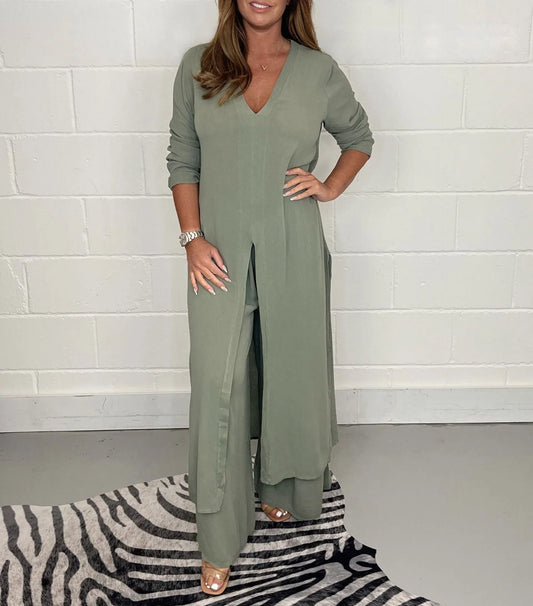 Two-piece women's set with wide trousers – Trendy & Airy – Cosima-Green-S-Nora Luxe