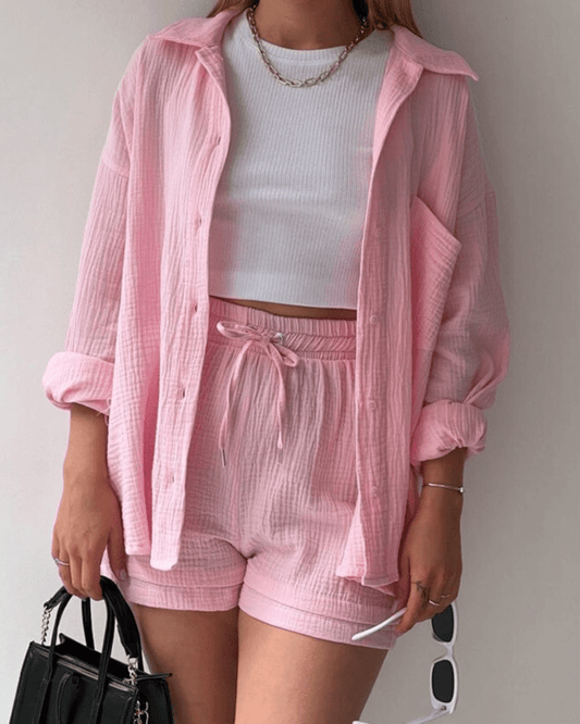 Two-piece women's summer outfit with shirt and trousers – Mila-Light pink-S-The Livary
