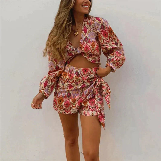 Two-piece wrap skirt set with blouse for women - Lorena-S-Nora Luxe