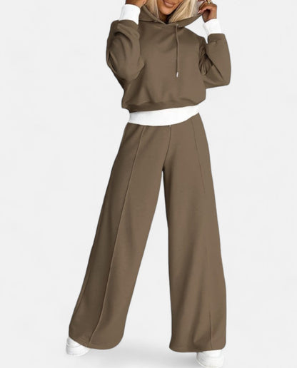 Two-Tone Hoodie Set with Wide Legs - Isabelle-Brown-S-Nora Luxe