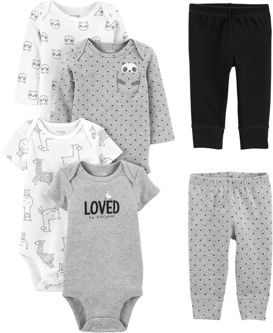 Unisex Baby 6-Piece Clothing Set-Black/Gray Text Print/White Llama/Panda-0-3 months-Nora Luxe
