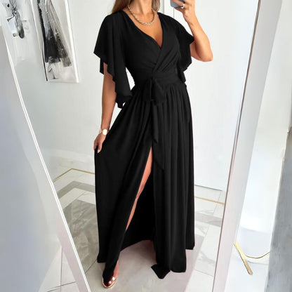 V-neck summer dress with bell sleeves – Sofia-Black-S-Nora Luxe