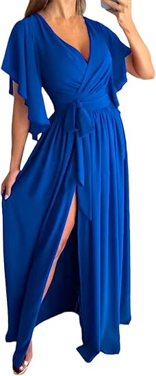 V-neck summer dress with bell sleeves – Sofia-Blue-S-Nora Luxe