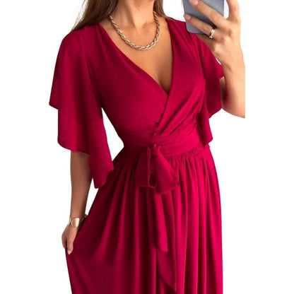 V-neck summer dress with bell sleeves – Sofia-Red-S-Nora Luxe
