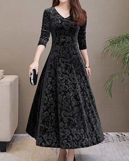 Velvet Midi Dress with Long Sleeves - Selina-Black-M-Nora Luxe