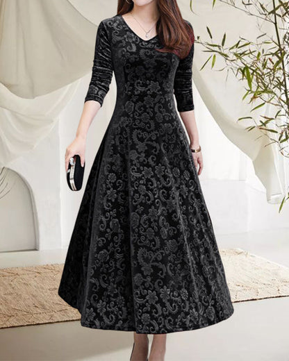 Velvet Midi Dress with Long Sleeves - Selina-Red wine-M-Nora Luxe