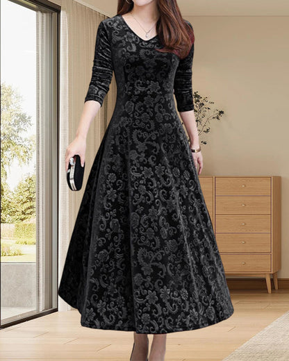 Velvet Midi Dress with Long Sleeves - Selina-Red wine-M-Nora Luxe
