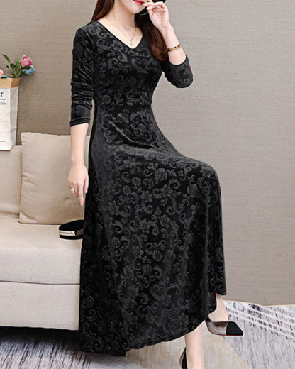 Velvet Midi Dress with Long Sleeves - Selina-Red wine-M-Nora Luxe