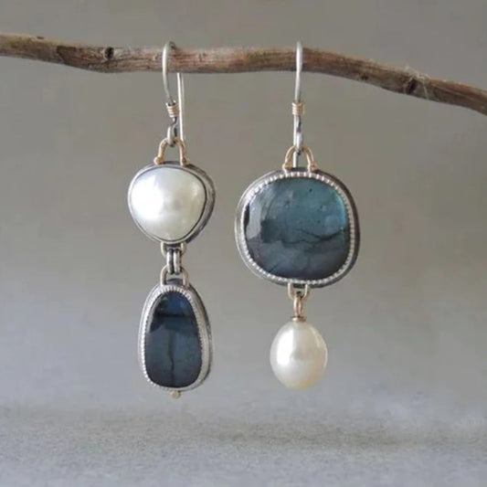 Vintage Earrings with Blue Natural Stone and Pearl - Amalina-Nora Luxe