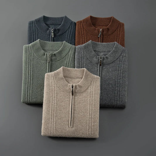 Warm Casual Men's Sweater with Half Zip - Logan-Beige-S-Nora Luxe
