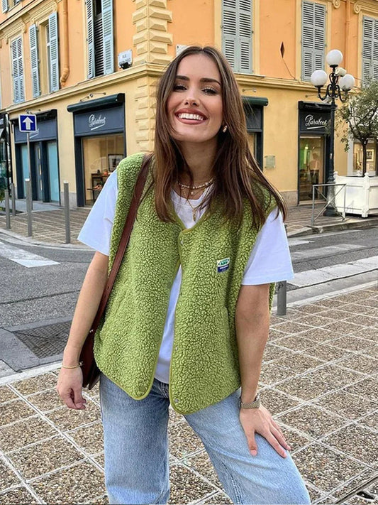 Warm & Comfortable V-neck Gilet for Women - Alina-Green-The Livary