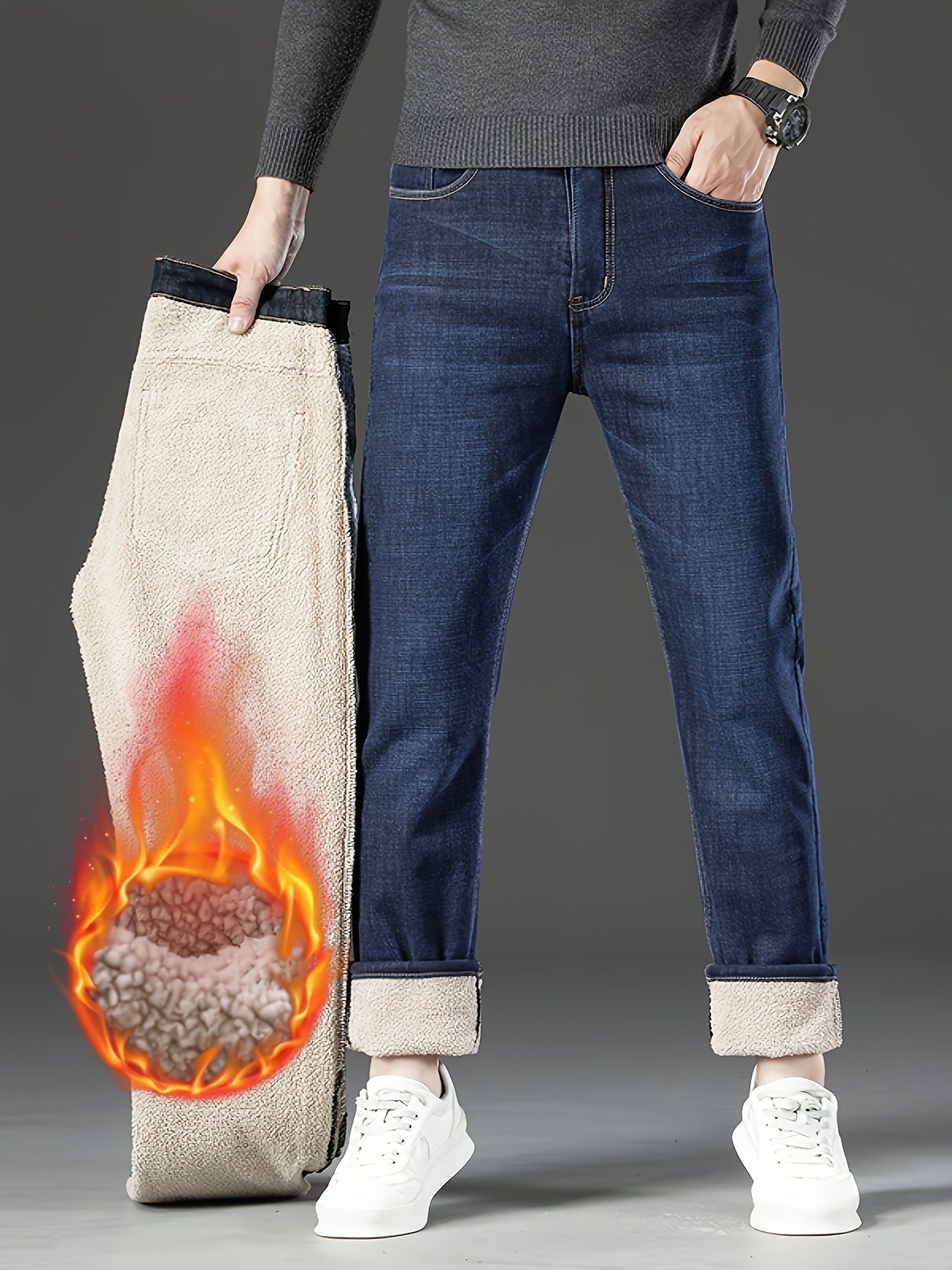 Warm Men's Winter Jeans with Fleece Lining - Grayson-Blue-30-Nora Luxe