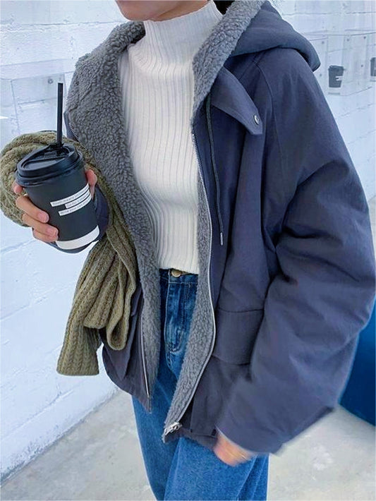 Warm Oversized Women's Jacket with Hood - Freya Fleece Parka-Blue-S-Nora Luxe