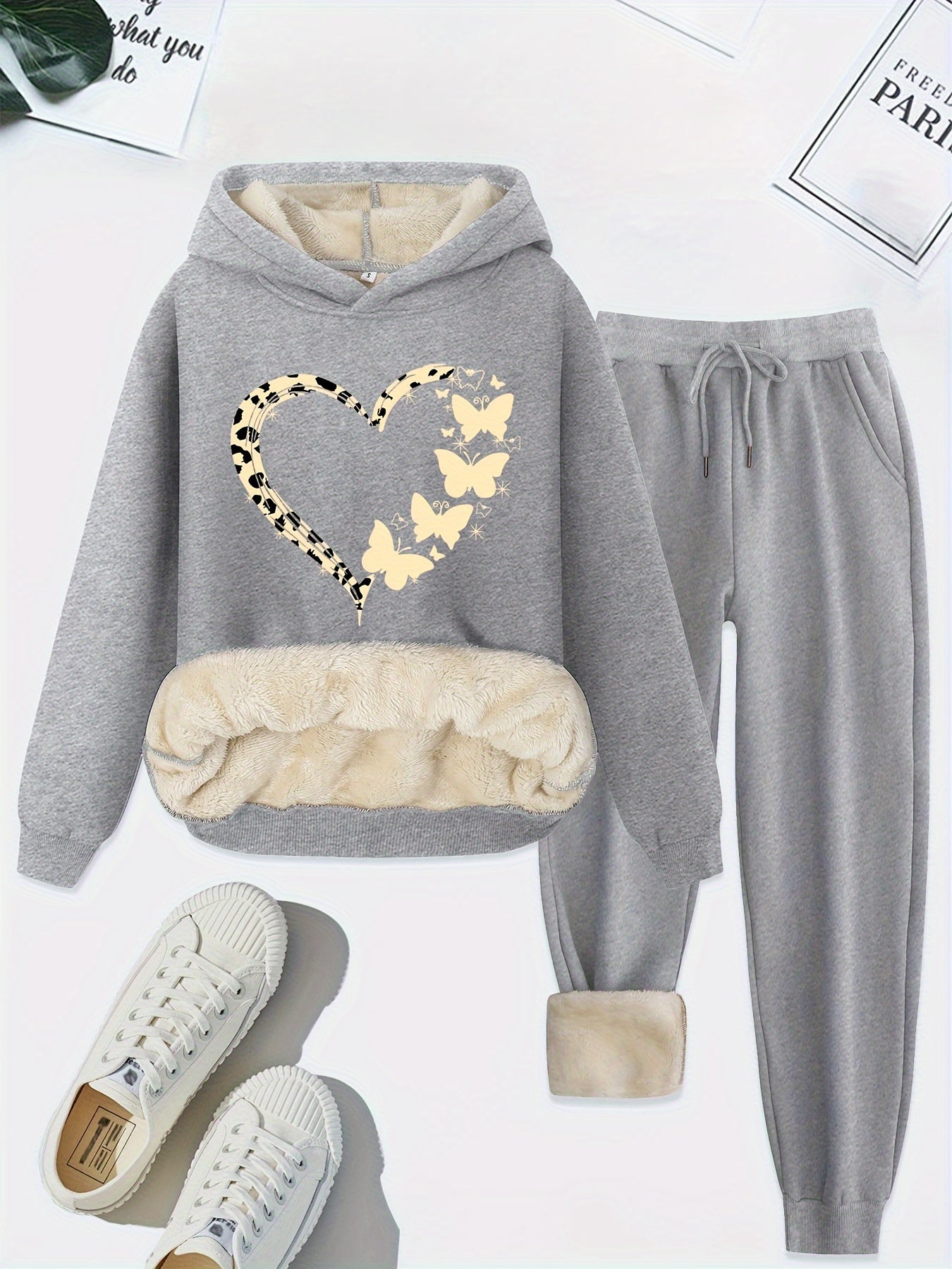 Warm Two-Piece Women's Set with Heart Print - Bella-Light Gray-S-Nora Luxe