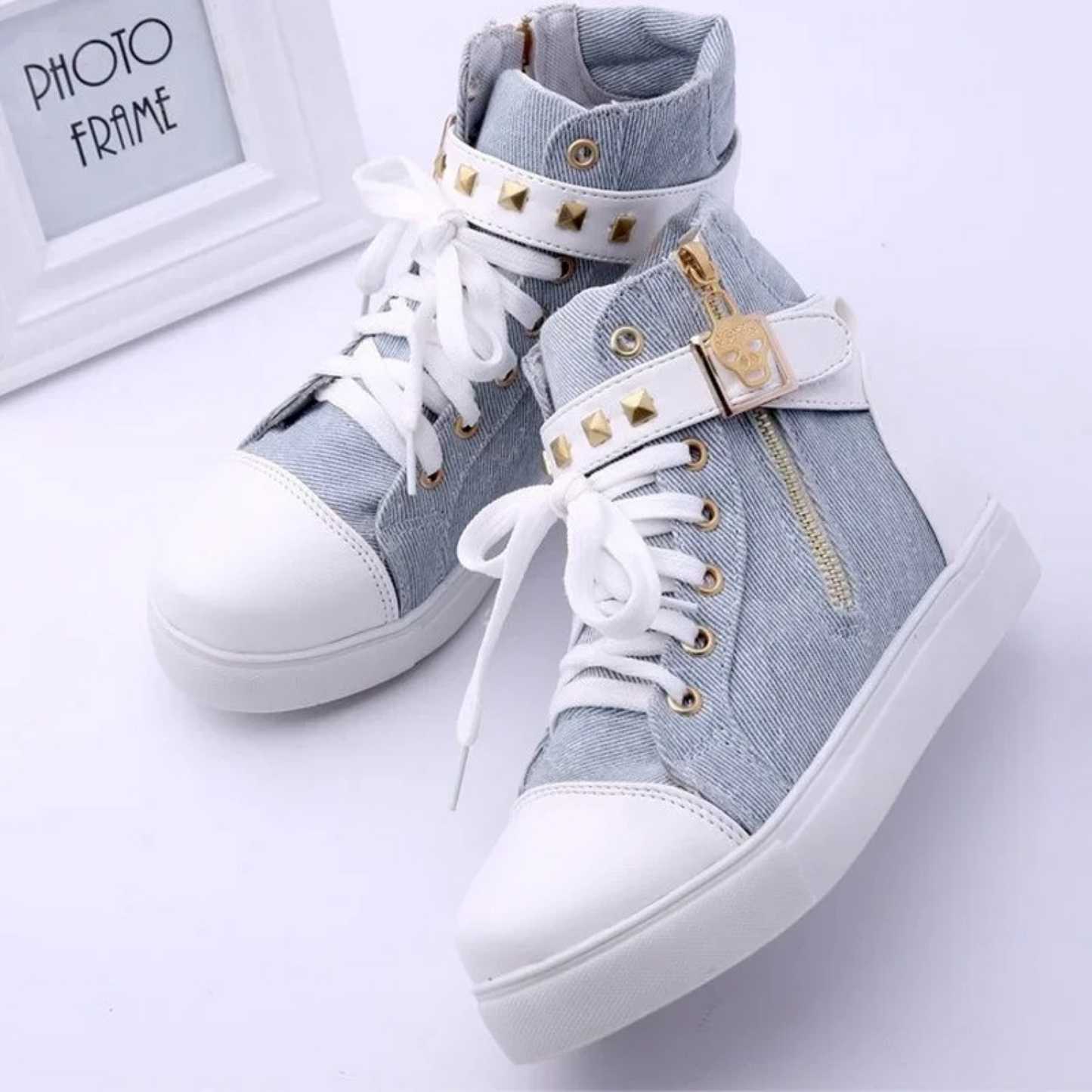 White Leather High Sneakers with Zip for Ladies - Ava-Blue-2.5-Nora Luxe